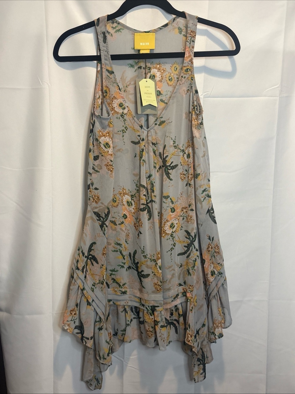 Maeve Gray Floral Handkerchief-Hem Tunic with Yellow & Green Accents